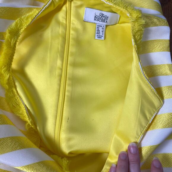 Badgley Mischka Belle Bright Yellow White Stripe Fringe Trim Sheath Dress Size 2 - Picture 11 of 11